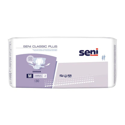 Um pacote de fraldas Seni Classic Plus (tamanho S-XL) da TZMO Deutschland GmbH contém 30 unidades. A embalagem branco-violeta clara exibe detalhes do produto e o logotipo da Seni na frente.