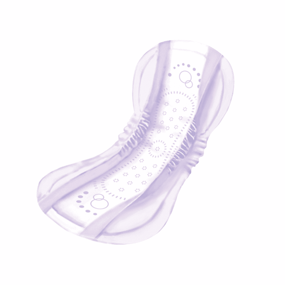 Uma Seni Lady Slim Extra Inkontinenz-Einlage da TZMO Deutschland GmbH, com padrão decorativo, bordas arredondadas e lados elásticos para conforto ideal, apresentada individualmente de cima em fundo branco. Embalagem: 15 unidades.