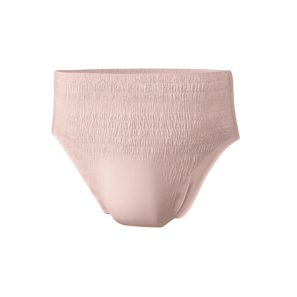Um par de roupa interior absorvente Seni Lady Pants em rosa claro, desenhado pela TZMO Deutschland GmbH para controle de odor, exibido sobre um fundo branco. O tecido parece macio e estruturado.