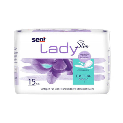 Seni Lady Slim Extra Inkontinenz-Einlage da TZMO Deutschland GmbH: Embalagem com 15 unidades, design floral roxo, inscrição em alemão, conforto de uso destacado. Ideal para fraqueza urinária leve a moderada.
