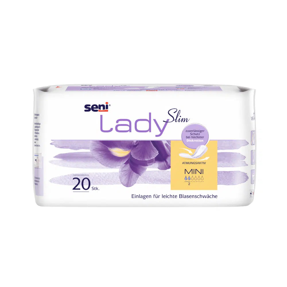 Uma embalagem de 20 unidades de Seni Lady Slim Mini a20 da TZMO Deutschland GmbH com design de íris violeta e texto em alemão oferece proteção leve para fraqueza da bexiga com Extra Dry System para respirabilidade e absorção.