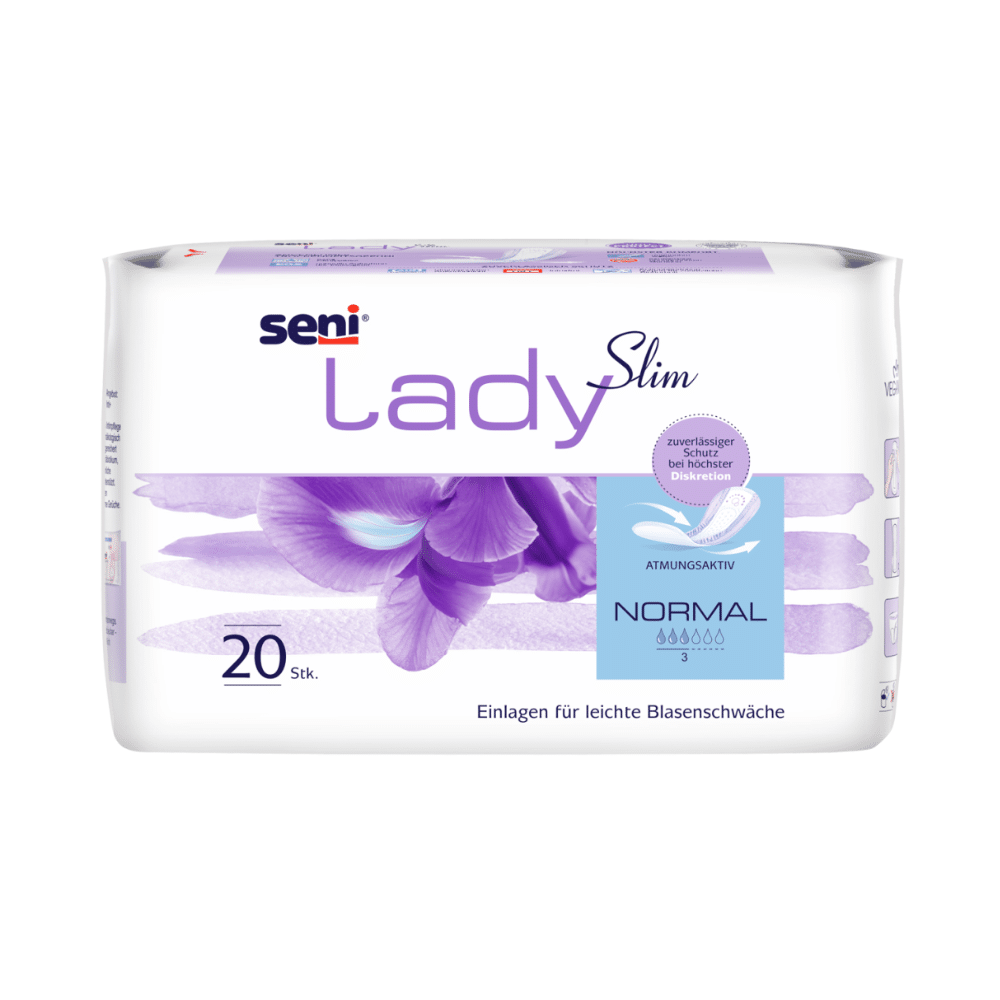 Uma embalagem de 20 unidades de Seni Lady Slim Normal Einlagen da TZMO Deutschland GmbH apresenta-se em uma embalagem branco-violeta com motivo floral, detalhes do produto em alemão e bloqueio de odor para fraqueza leve da bexiga.