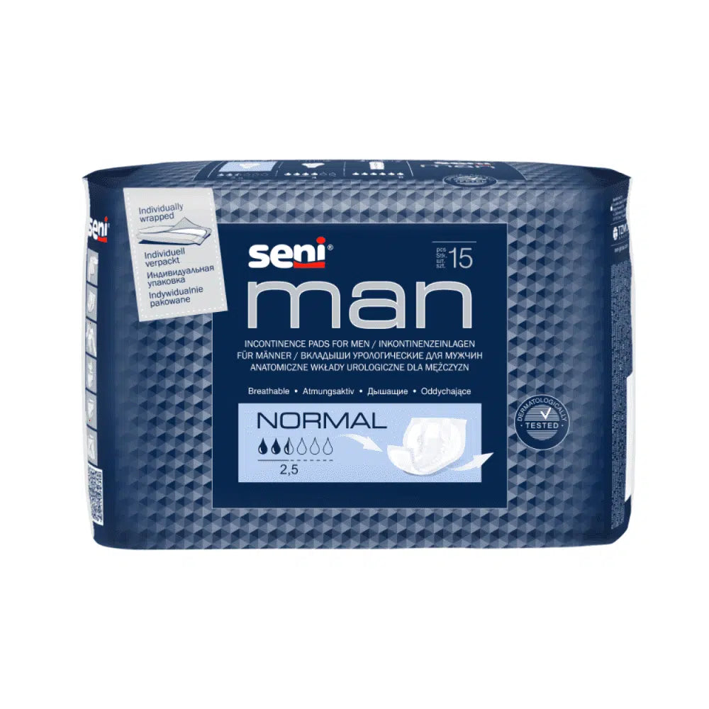 Uma embalagem azul de Seni Man Normal Inkontinenzeinlage para homens da TZMO Deutschland GmbH contém 15 almofadas com uma capacidade de absorção de 2,5 de 6 gotas – para discrição e segurança.
