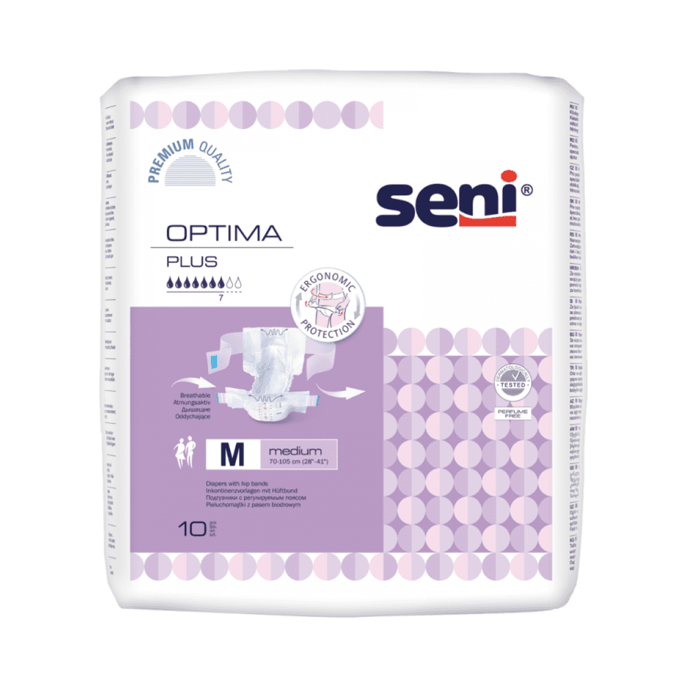 Um pacote de fraldas para incontinência Seni Optima Plus com cinto da TZMO Deutschland GmbH, tamanho M, oferece proteção ergonômica e qualidade premium. O pacote contém 10 fraldas para adultos. Logotipo da marca e nome do produto estão ilustrados.