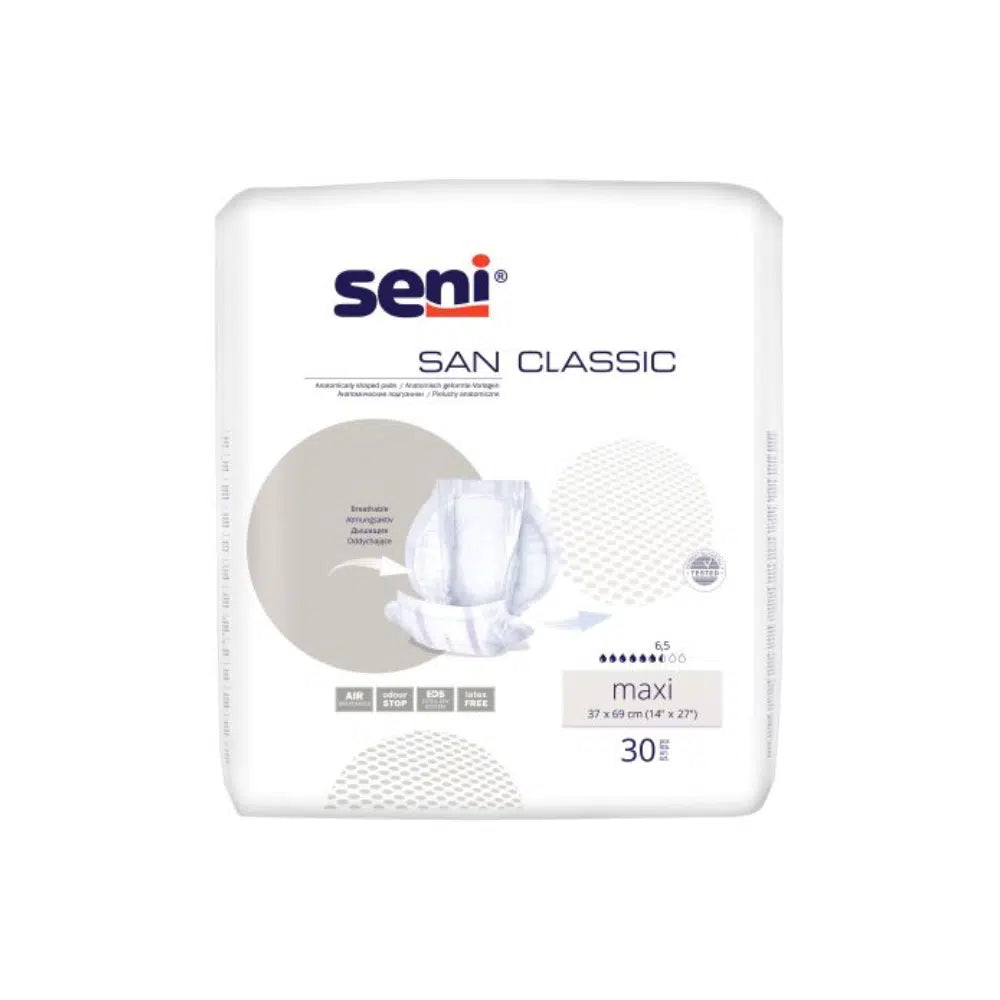 San Seni Classic Maxi almofada de incontinência da TZMO Deutschland GmbH – embalagem com 30 unidades para fraqueza da bexiga, com proteção segura contra vazamentos. Detalhes do produto e logotipo na embalagem branca.