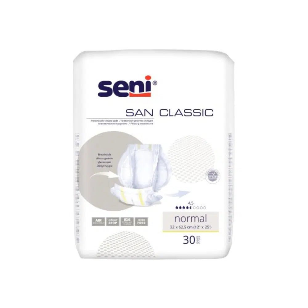 Uma embalagem de San Seni Classic Normal Inkontinenzvorlage da TZMO Deutschland GmbH contém 30 absorventes, tem uma embalagem branca com letras azul-cinza, é ideal para fraqueza da bexiga e mostra uma imagem do design do absorvente.