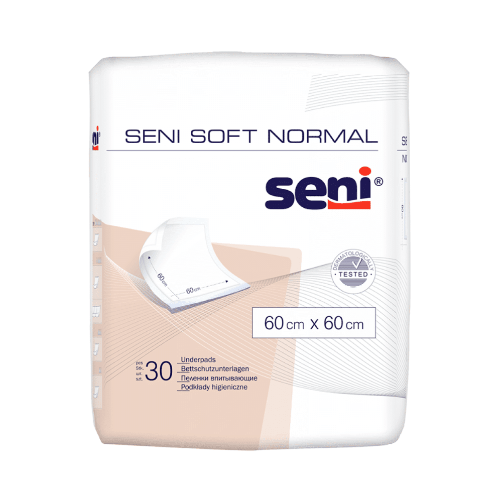 Um pacote com 30 protetores de cama Seni Soft Normal (60 x 60 cm) da TZMO Deutschland GmbH é entregue em uma embalagem branca com texto azul e laranja e uma ilustração de protetor, oferecendo proteção confiável.