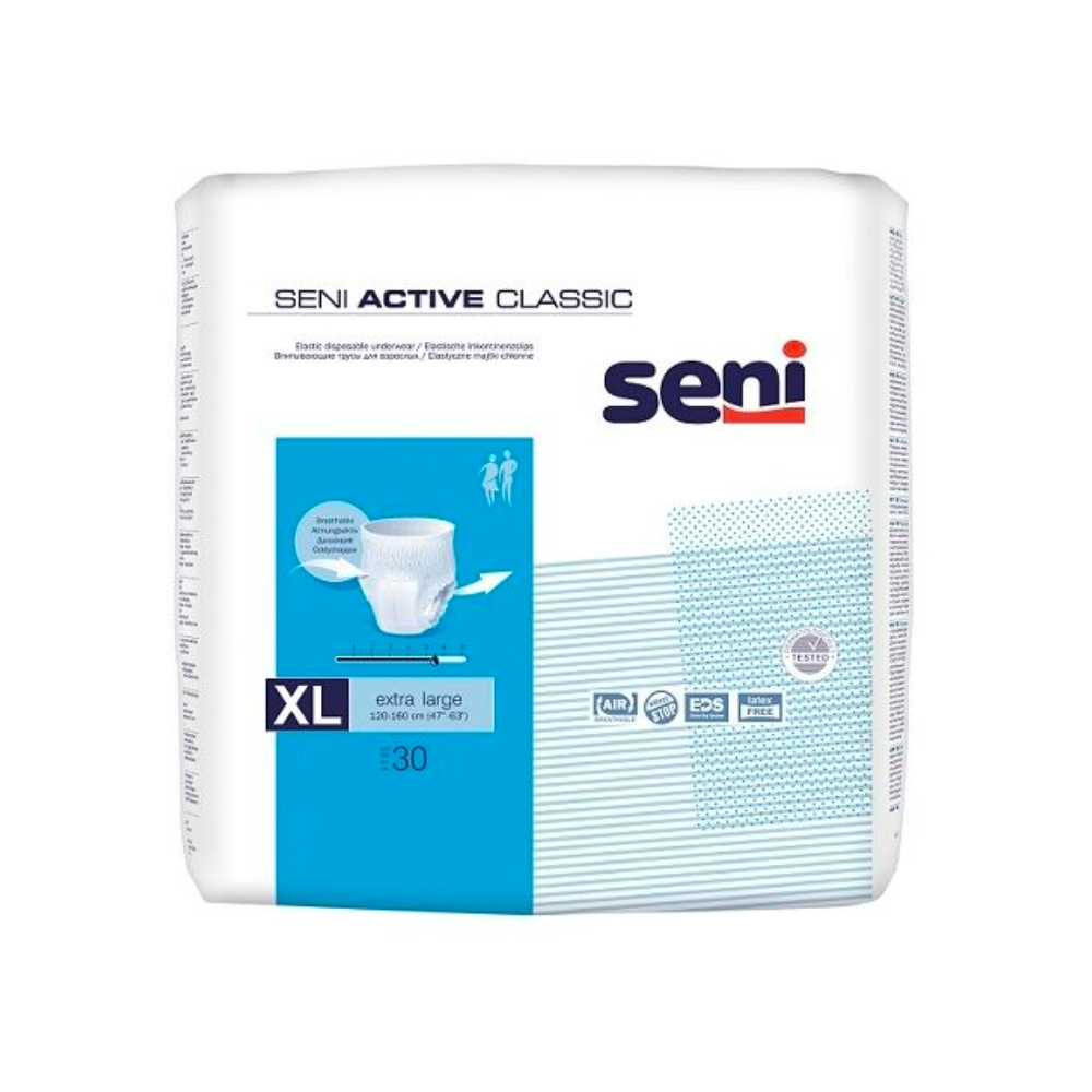 Eine Packung Seni Active Classic Inkontinenzpants bei Blasenschwäche der TZMO Deutschland GmbH. Die Packung ist weiß und blau, zeigt eine Grafik der Windel und Symbole, die ihre Eigenschaften, einschließlich Tragekomfort, angeben, und enthält 30 Stück.