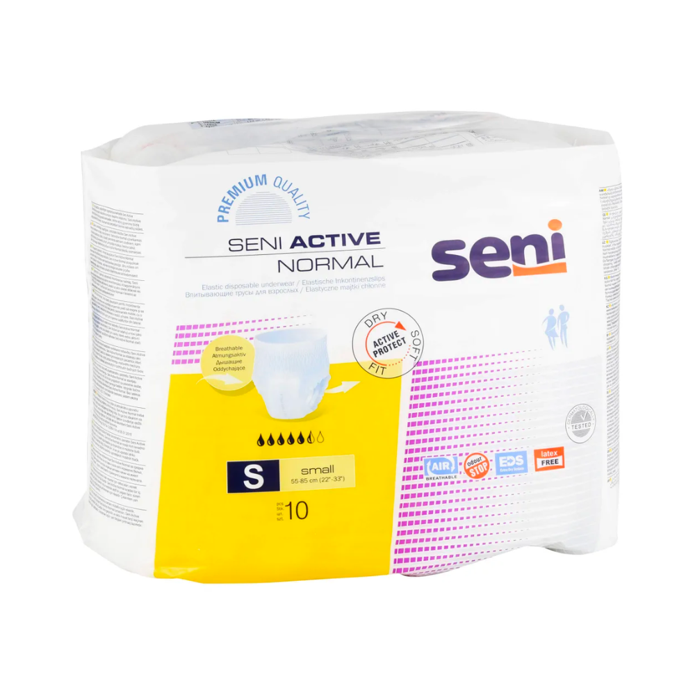 Seni Active Normal Inkontinenzpants da TZMO Deutschland GmbH, tamanho S, pacote de 10. A embalagem predominantemente branca com acentos amarelos mostra a capacidade de absorção e um indicador de umidade para fraqueza da bexiga.