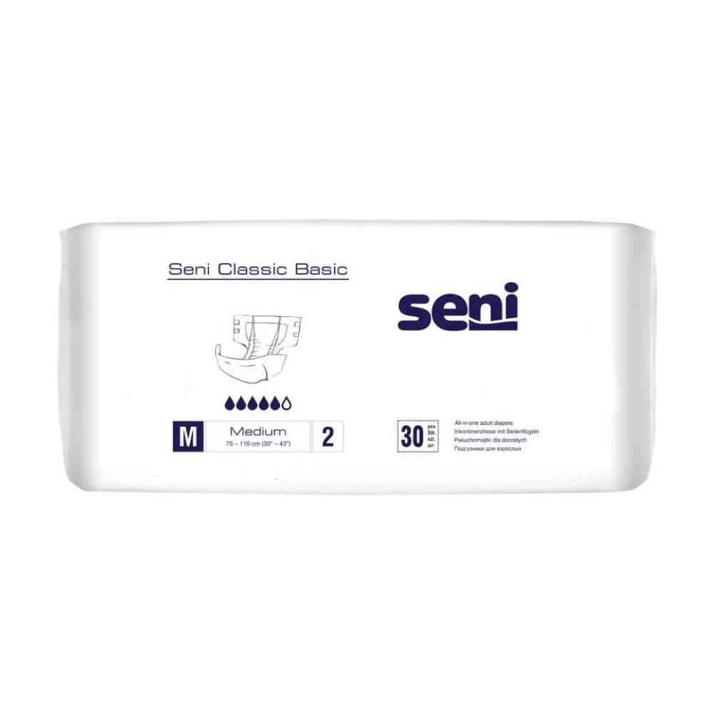 Uma embalagem branca com a inscrição "Seni Classic Basic Inkontinenzhose, tamanho S-XL" da TZMO Deutschland GmbH ostenta o logotipo Seni, um símbolo de tamanho, informações sobre absorção, uma camada externa respirável e indica que 30 unidades para fraqueza da bexiga estão incluídas.