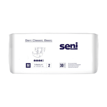 Uma embalagem branca com a inscrição "Seni Classic Basic Inkontinenzhose, tamanho S-XL" da TZMO Deutschland GmbH ostenta o logotipo Seni, um símbolo de tamanho, informações sobre absorção, uma camada externa respirável e indica que 30 unidades para fraqueza da bexiga estão incluídas.
