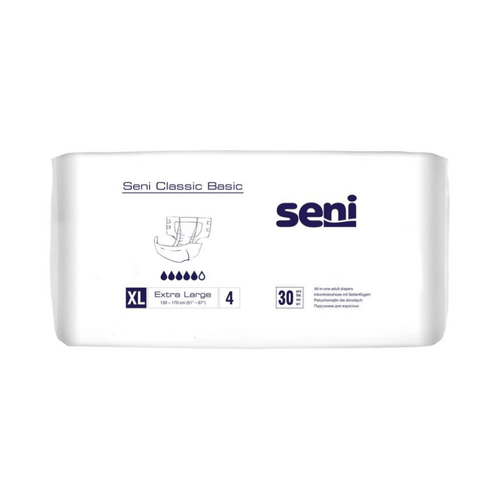 Uma embalagem de 30 fraldas Seni Classic Basic (tamanho XL) da TZMO Deutschland GmbH para fraqueza da bexiga é adornada com quatro símbolos de gota, a embalagem branca é decorada com texto azul e símbolos azuis.