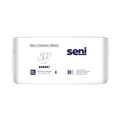 Uma embalagem de 30 fraldas Seni Classic Basic (tamanho XL) da TZMO Deutschland GmbH para fraqueza da bexiga é adornada com quatro símbolos de gota, a embalagem branca é decorada com texto azul e símbolos azuis.
