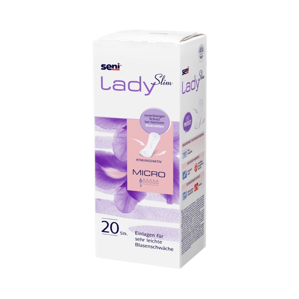 Uma caixa branca e retangular com artigo descontinuado: Seni Lady Slim Micro Einlage da TZMO Deutschland GmbH com acentos violetas, motivo de penas e texto. A embalagem contém 20 absorventes para incontinência muito leve.