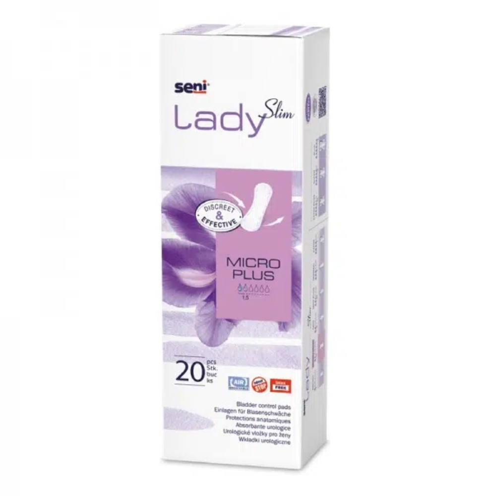 Uma caixa retangular de Seni Lady Slim Micro Plus Einlage da TZMO Deutschland GmbH em lilás e branco contém 20 almofadas e destaca as principais funções - ideal para incontinência leve.