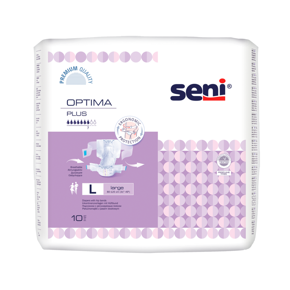 Um pacote de fraldas para incontinência Seni Optima Plus com cinto (tamanho L) da TZMO Deutschland GmbH. A embalagem branca com detalhes em violeta contém 10 unidades e exibe claramente as informações da marca e do produto na frente.