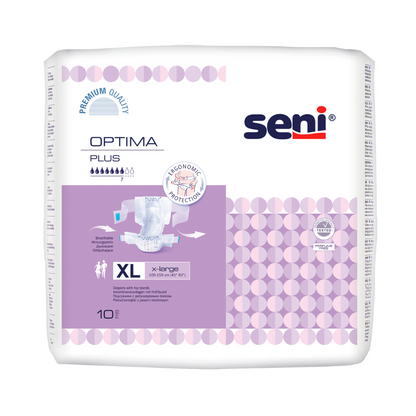 Um pacote de fraldas para incontinência Seni Optima Plus com cinto da TZMO Deutschland GmbH, tamanho XL, no design roxo e branco, oferece proteção de cinto de alta qualidade e ergonômica. Conteúdo: 10 unidades.