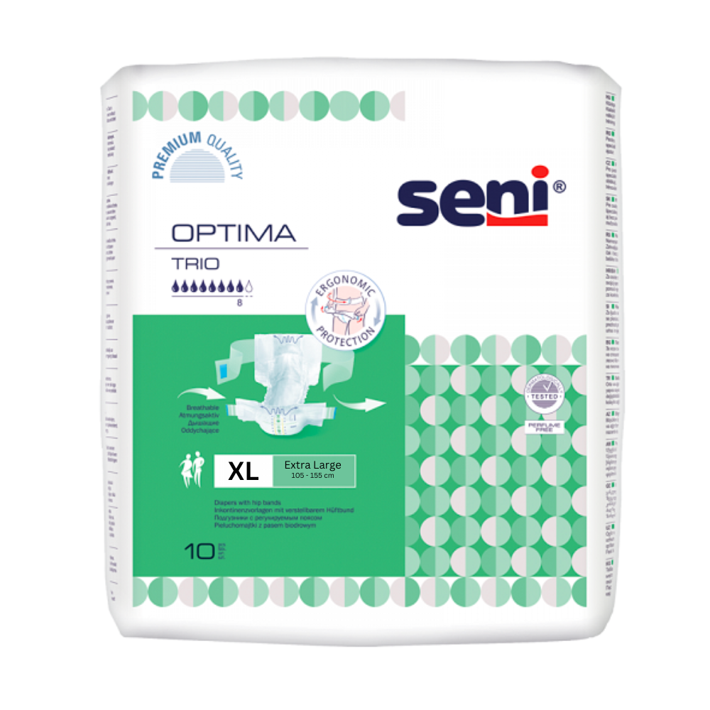 Um pacote de fraldas para adultos Seni Optima Trio com cinto - 10 unidades da TZMO Deutschland GmbH com um rótulo verde-claro que mostra um design de proteção ergonômico. O pacote contém 10 fraldas e apresenta uma marca de alta qualidade.