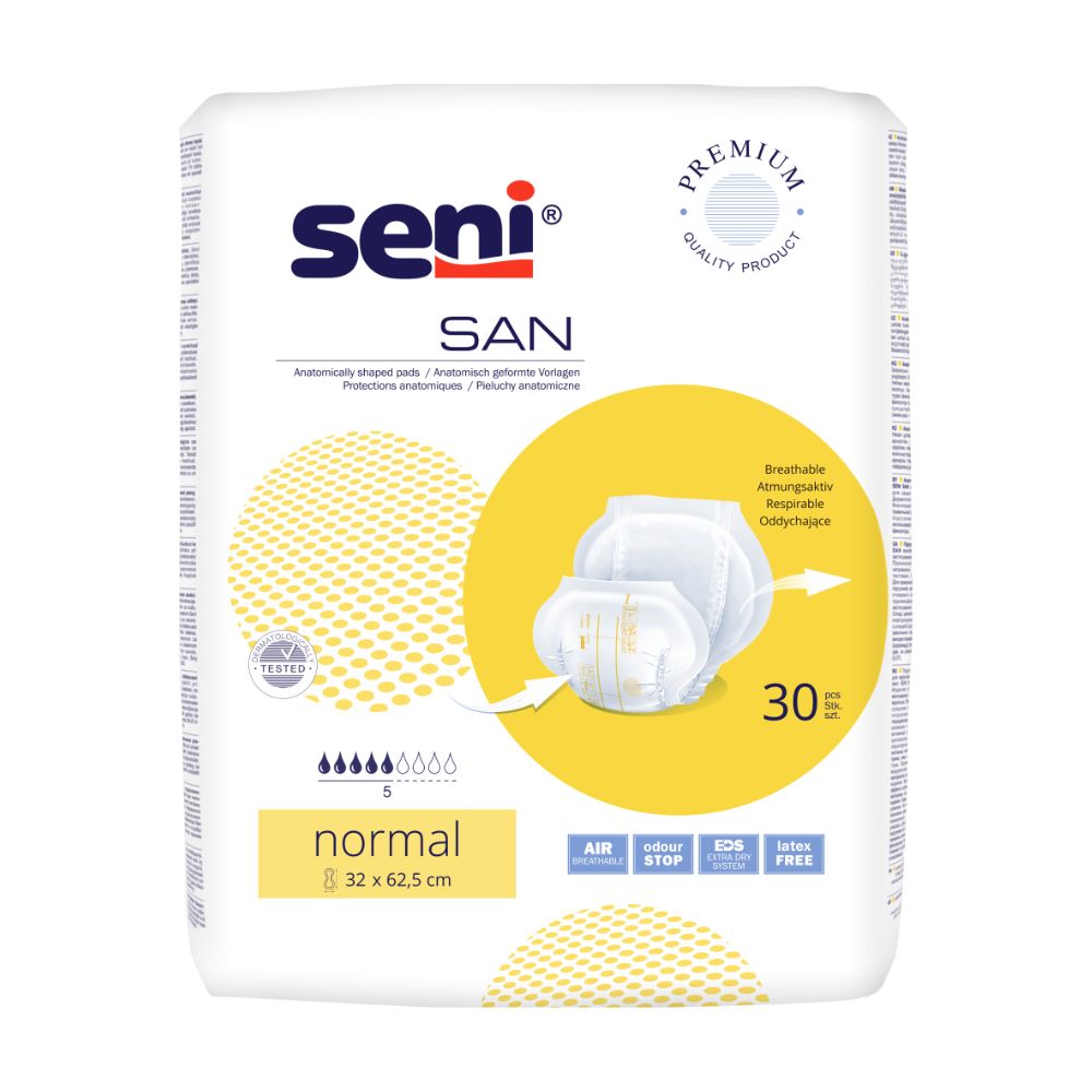 Uma embalagem de Seni San Normal Inkontinenzvorlage Tamanho 5 com 30 unidades, marcada com detalhes do produto como "respirável", "parada de odor" e "sem látex". A TZMO Deutschland GmbH.