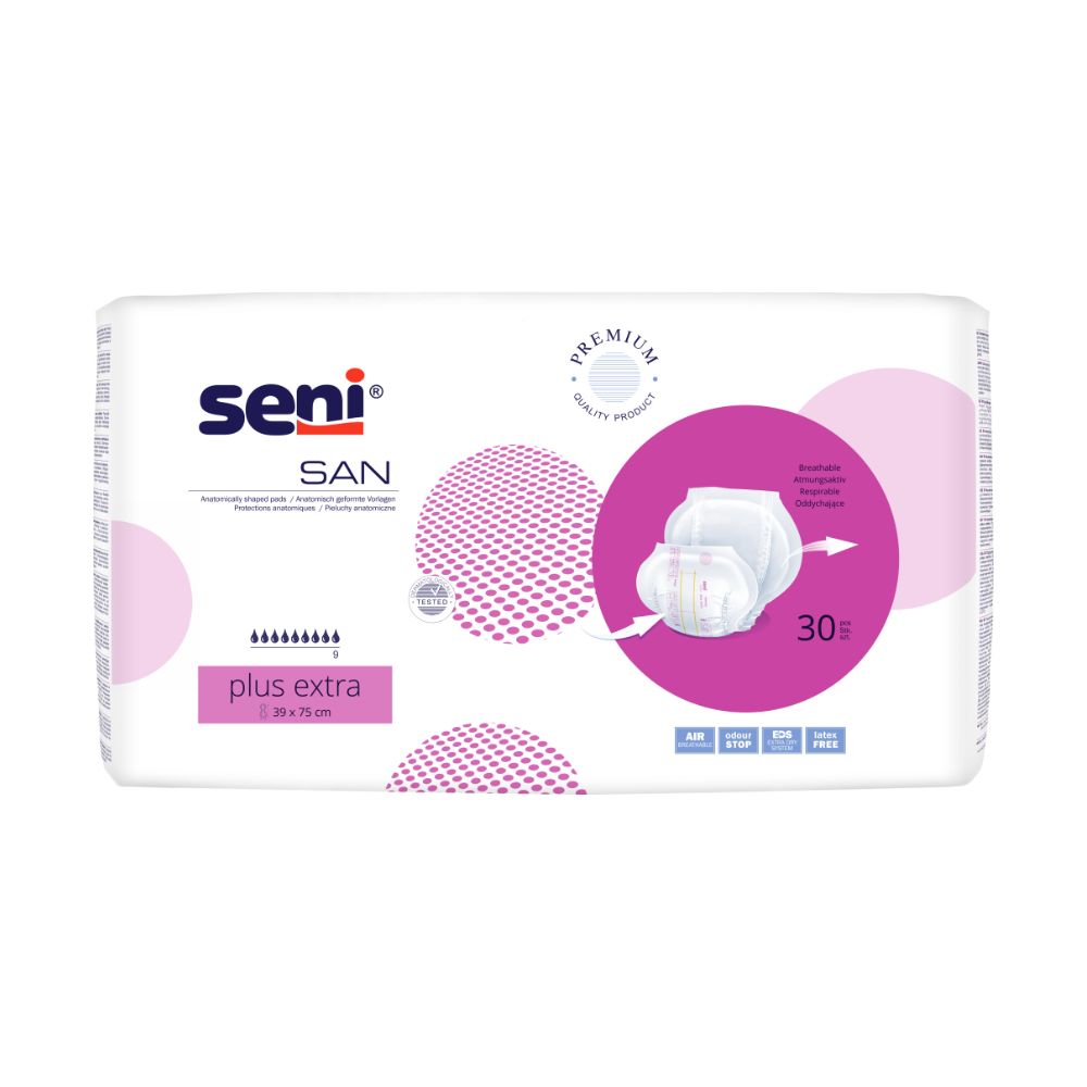 A imagem mostra uma embalagem de Seni San Plus Extra Inkontinenzvorlage (30 peças) da TZMO Deutschland GmbH. A embalagem branca com círculos rosa e violeta exibe o nome do produto, uma imagem de almofada e destaca a qualidade premium e a proteção contra vazamentos.