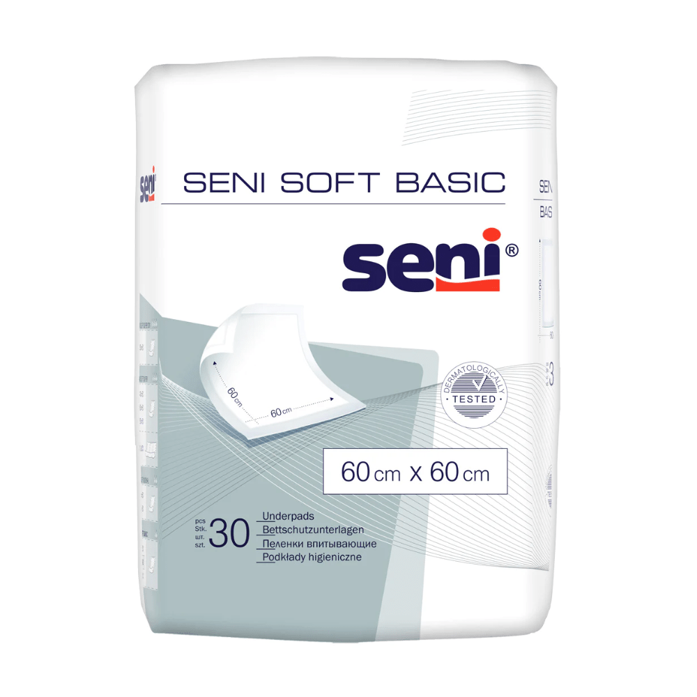 Uma embalagem de proteções de cama Seni Soft Basic da TZMO Deutschland GmbH, com imagem do produto, disponível em vários tamanhos (por exemplo, 60 x 60 cm), contém 30 proteções e oferece proteção com informações do produto em várias línguas.