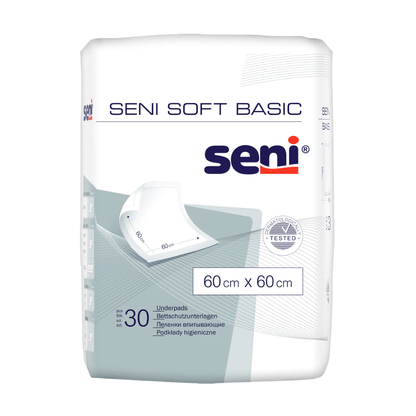 Uma embalagem de proteções de cama Seni Soft Basic da TZMO Deutschland GmbH, com imagem do produto, disponível em vários tamanhos (por exemplo, 60 x 60 cm), contém 30 proteções e oferece proteção com informações do produto em várias línguas.