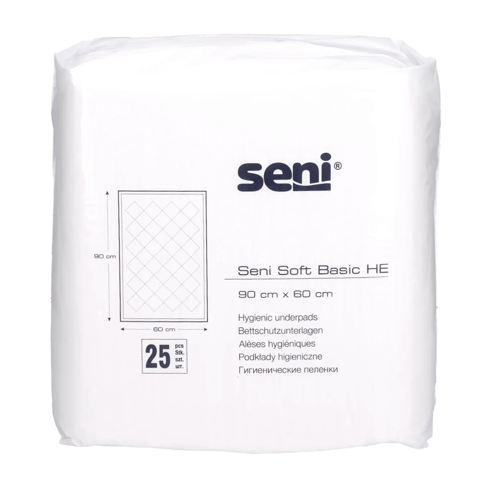 Um pacote com 25 protetores de cama Seni Soft Basic HE da TZMO Deutschland GmbH, tamanho 90 x 60 cm; na embalagem estão impressos o logotipo da Seni, o tamanho do protetor, a imagem do produto e a quantidade.