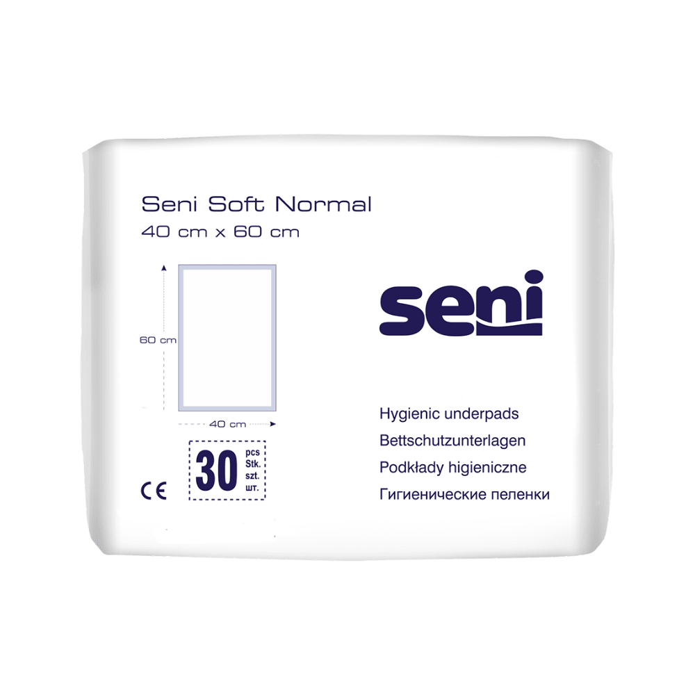 Um pacote de protetores de cama Seni Soft Normal da TZMO Deutschland GmbH (40 x 60 cm). A embalagem branca com texto azul e gráficos contém 30 unidades e oferece proteção confiável e informações em vários idiomas.