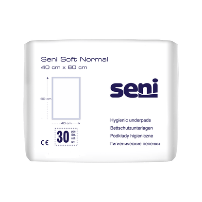 Um pacote de protetores de cama Seni Soft Normal da TZMO Deutschland GmbH (40 x 60 cm). A embalagem branca com texto azul e gráficos contém 30 unidades e oferece proteção confiável e informações em vários idiomas.
