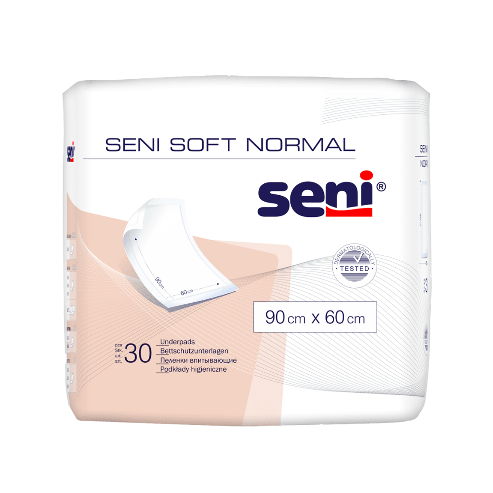 Um pacote de protetores de cama Seni Soft Normal (TZMO Deutschland GmbH), 90 x 60 cm, contém 30 almofadas. A embalagem mostra um gráfico simples de protetor e destaca a proteção confiável. Disponível em vários tamanhos.