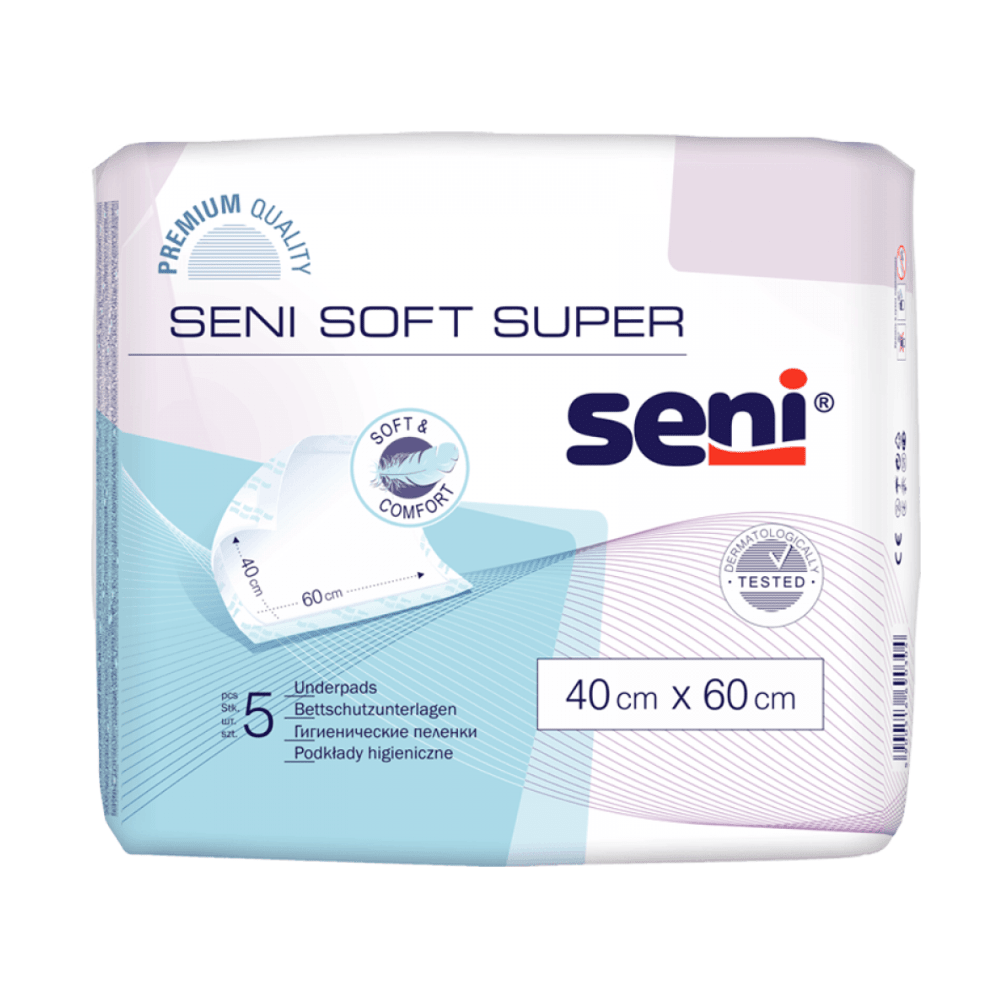 Uma embalagem de protetores de cama Seni Soft Super da TZMO Deutschland GmbH, tamanho 40 cm x 60 cm, contém 5 protetores em embalagem branco-azul com informações do produto, símbolos de qualidade e destaca a proteção confiável no dia a dia.