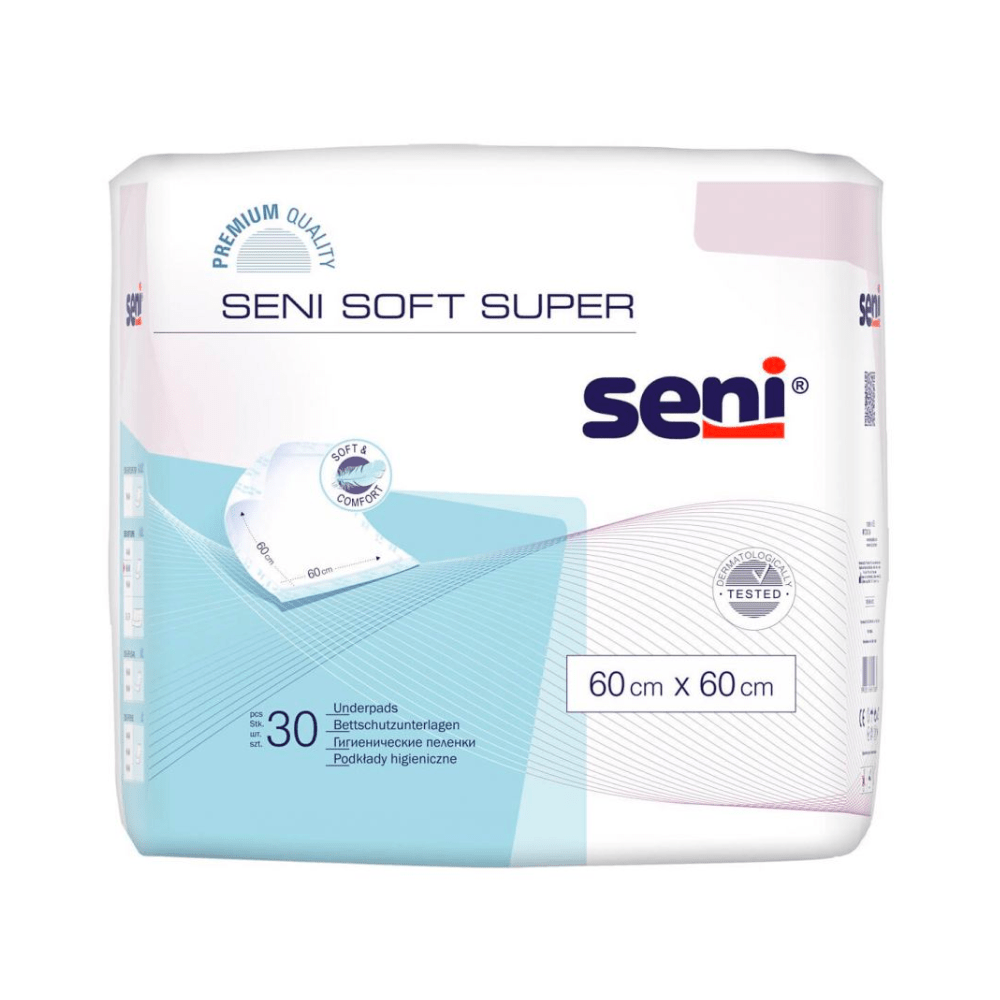 Uma embalagem de protetores de cama Seni Soft Super da TZMO Deutschland GmbH, 60x60 cm, 30 unidades. A embalagem predominantemente branca com acentos azuis e violetas contém informações do produto, logotipos e um rótulo de proteção para segurança.