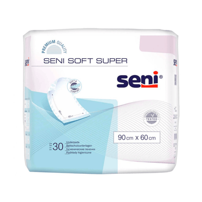 Uma embalagem de 30 protetores de cama Seni Soft Super, vários tamanhos da TZMO Deutschland GmbH, tamanho 90 x 60 cm. A embalagem predominantemente branca com acentos azuis e rosa é equipada com imagens do produto, selos de qualidade e "proteção ideal".