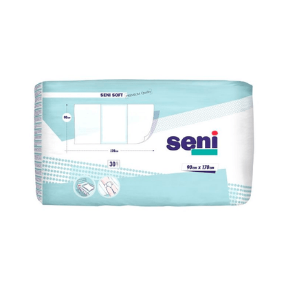 Uma embalagem retangular de protetores de cama Seni Soft Super da TZMO Deutschland GmbH, disponível em vários tamanhos. A embalagem azul-branca mostra informações do produto e exemplos de aplicação. A embalagem contém 30 unidades no formato 90 x 170 cm.
