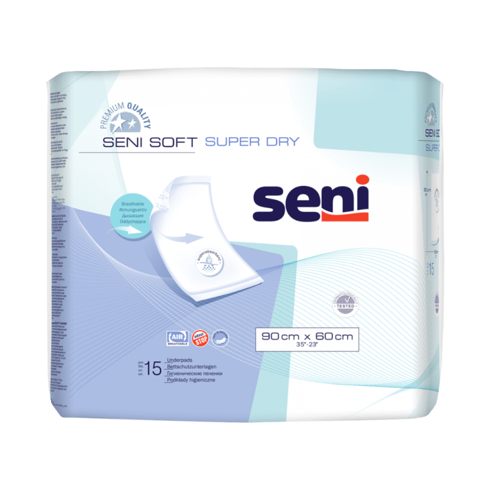 Um pacote de protetores de cama Seni Soft Super Dry da TZMO Deutschland GmbH no design azul e branco contém 15 protetores descartáveis (90 x 60 cm) com marca do produto e funções importantes na frente.