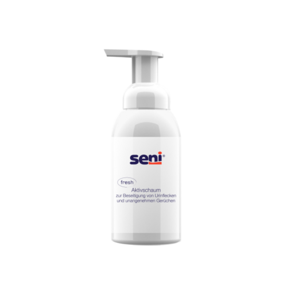 O "Seni fresh Espuma Ativa para Remoção de Manchas de Urina" da TZMO Deutschland GmbH é um frasco branco com dispensador de bomba para remoção de manchas de urina e eliminação de odores com descrições em alemão que destacam a sua eficácia.