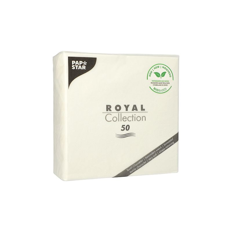 Um pacote de guardanapos "ROYAL Collection" PAPSTAR 1/4-dobra, contendo 50 peças, é ideal para a sua decoração de mesa. A embalagem possui um rótulo ecológico com um design de folha, indicando a compostabilidade 100%. Estes guardanapos brancos, fabricados pela PAPSTAR GmbH, apresentam uma marca simples e elegante.