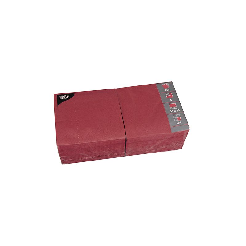 Um pacote de PAPSTAR 250 guardanapos, 3 camadas 1/4-dobra da PAPSTAR GmbH, com detalhes do produto como dimensões e quantidade exibidos lateralmente, apresentado em um fundo branco.