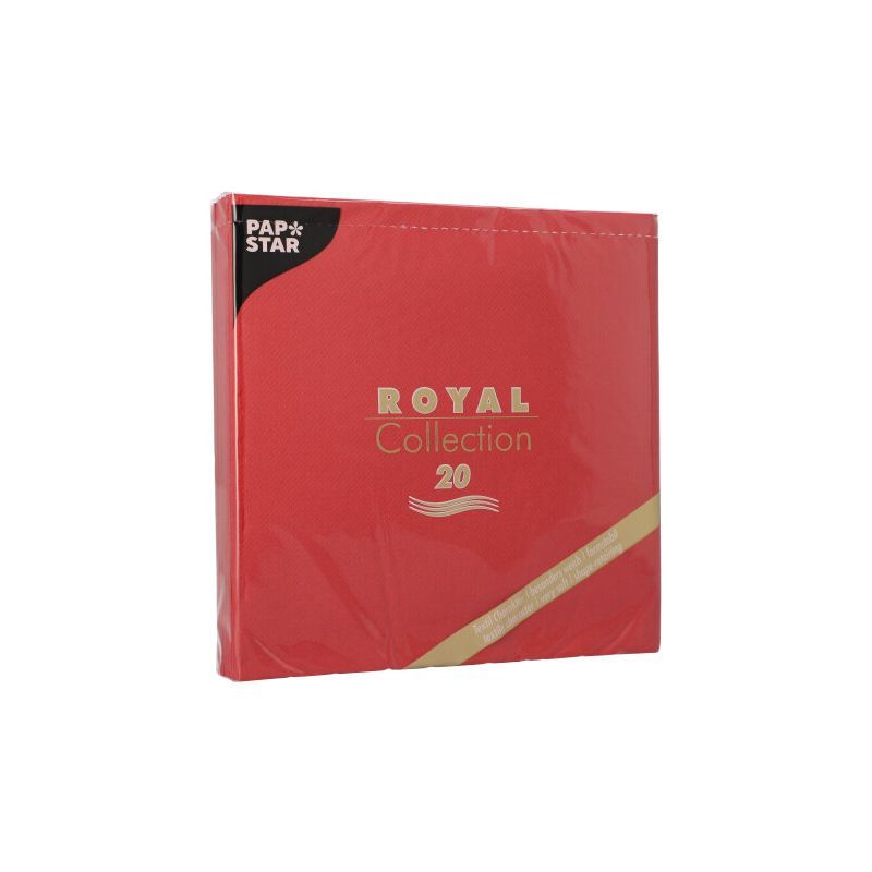 Uma embalagem vermelha de guardanapos 1/4-dobra 40 cm x 40 cm da "ROYAL Collection" da PAPSTAR GmbH. A embalagem apresenta um texto em dourado e branco, além de uma pequena etiqueta preta no canto. Estes guardanapos são ideais para qualquer decoração de mesa e adicionam elegância ao seu ambiente.