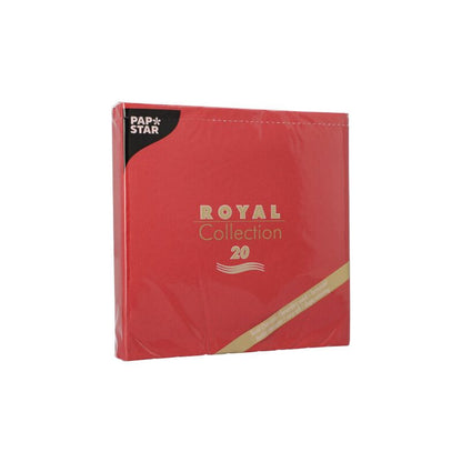 Uma embalagem vermelha de guardanapos 1/4-dobra 40 cm x 40 cm da "ROYAL Collection" da PAPSTAR GmbH. A embalagem apresenta um texto em dourado e branco, além de uma pequena etiqueta preta no canto. Estes guardanapos são ideais para qualquer decoração de mesa e adicionam elegância ao seu ambiente.