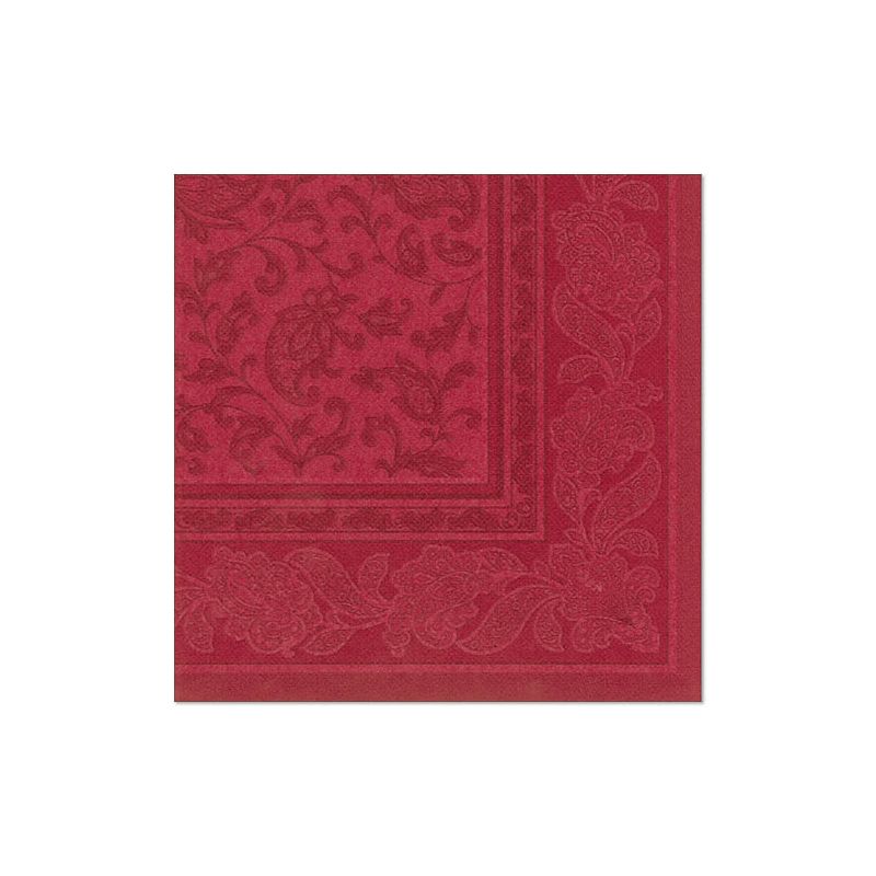Os 20 guardanapos "ROYAL Collection" (1/4-dobra, 40x40 cm) da PAPSTAR GmbH são guardanapos quadrados vermelhos com uma borda decorada com flores e paisley - ideais para uma decoração de mesa elegante, aqui sobre um fundo branco.