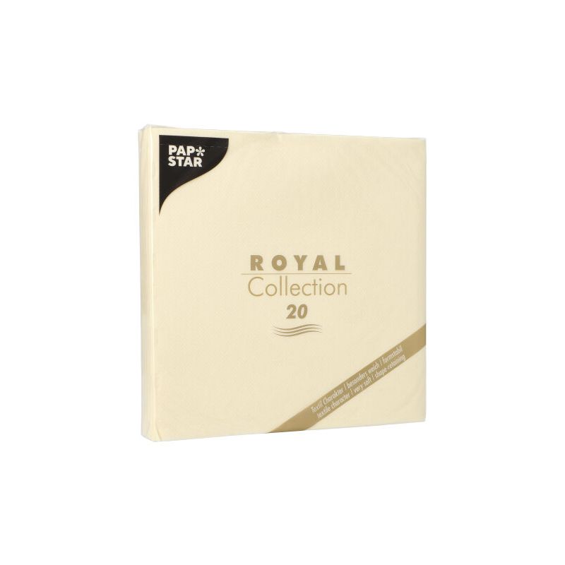 Pacote de guardanapos PAPSTAR "ROYAL Collection" da PAPSTAR GmbH, composto por 20 guardanapos de design requintado. A embalagem creme com texto dourado e preto confere uma nota elegante a qualquer mesa.