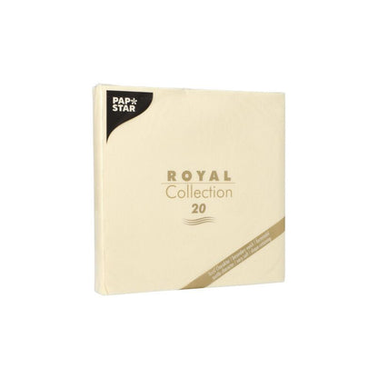 Pacote de guardanapos PAPSTAR "ROYAL Collection" da PAPSTAR GmbH, composto por 20 guardanapos de design requintado. A embalagem creme com texto dourado e preto confere uma nota elegante a qualquer mesa.