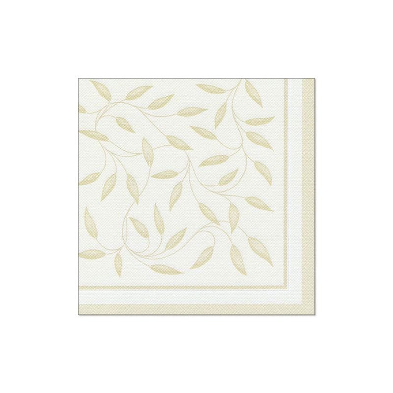 Os guardanapos "ROYAL Collection" da PAPSTAR GmbH no formato 40 cm x 40 cm com dobra 1/4 possuem uma borda verde-clara com folhas e ramos em bege suave sobre um fundo creme, complementando perfeitamente a sua decoração de mesa.