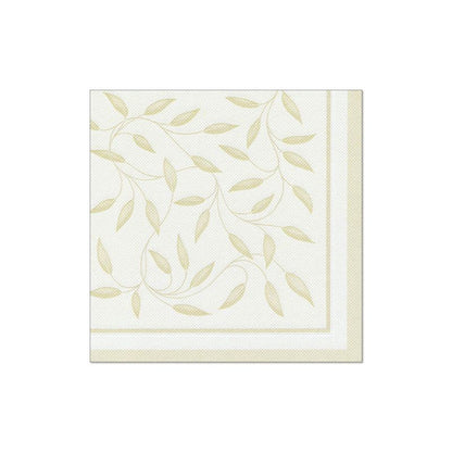 Os guardanapos "ROYAL Collection" da PAPSTAR GmbH no formato 40 cm x 40 cm com dobra 1/4 possuem uma borda verde-clara com folhas e ramos em bege suave sobre um fundo creme, complementando perfeitamente a sua decoração de mesa.