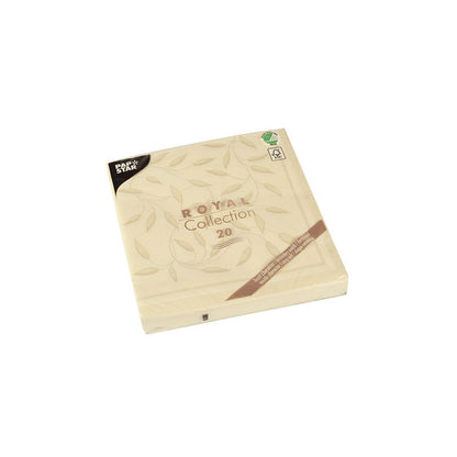 Uma embalagem quadrada bege de guardanapos "ROYAL Collection" 1/4-dobra da PAPSTAR, no formato 40 cm x 40 cm, possui um design em relevo de folhas. A embalagem contém uma estrela escura como símbolo de qualidade e uma marca verde no canto como indicação de respeito ao meio ambiente. Ideal para adicionar elegância à sua decoração de mesa.