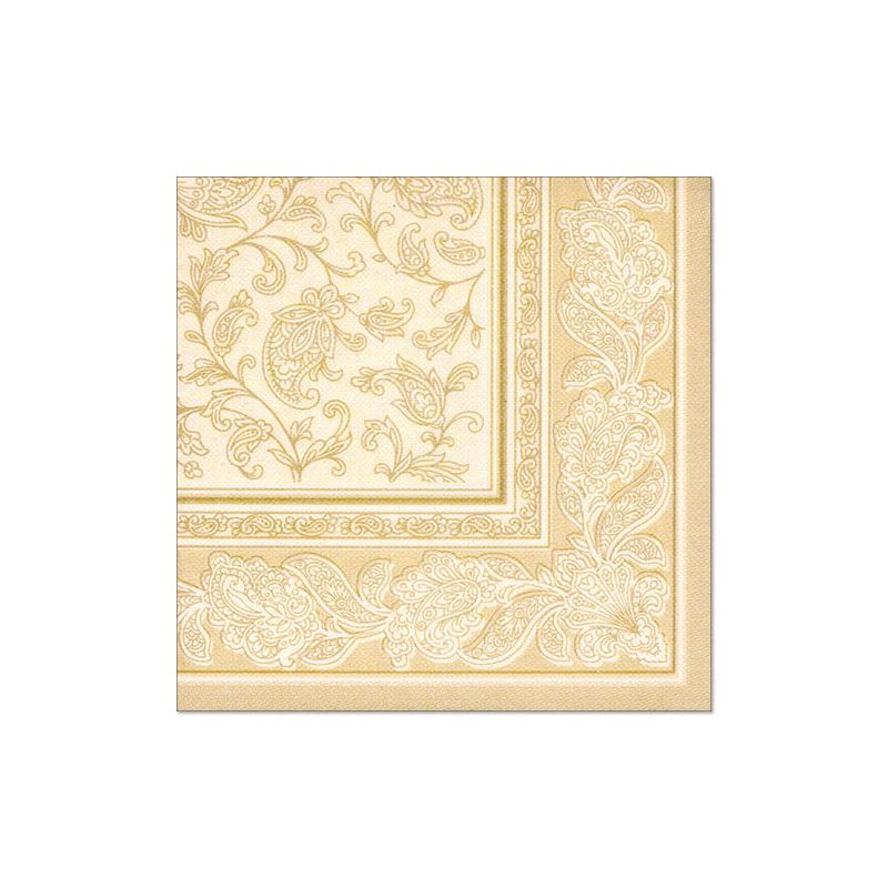 Os guardanapos "ROYAL Collection" da PAPSTAR GmbH no formato 40 cm x 40 cm com 1/4-dobra são guardanapos de papel quadrados com um elaborado padrão floral dourado e paisley sobre um fundo creme. Perfeitos para decoração de mesa, a borda apresenta um padrão decorativo denso que complementa lindamente o design central.