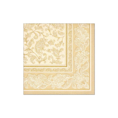 Os guardanapos "ROYAL Collection" da PAPSTAR GmbH no formato 40 cm x 40 cm com 1/4-dobra são guardanapos de papel quadrados com um elaborado padrão floral dourado e paisley sobre um fundo creme. Perfeitos para decoração de mesa, a borda apresenta um padrão decorativo denso que complementa lindamente o design central.