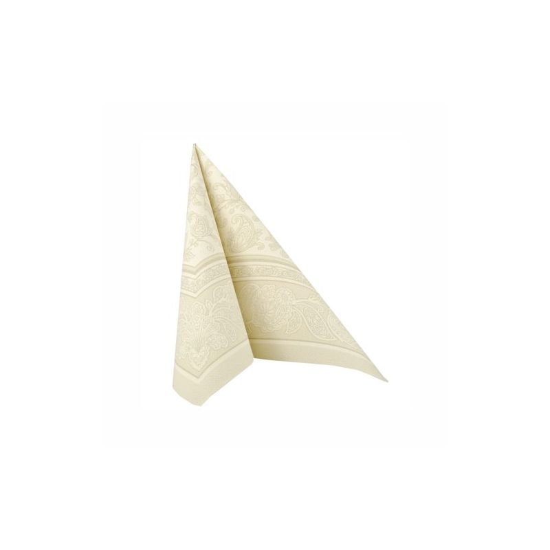 Os 20 guardanapos "ROYAL Collection" 1/4-dobra (40 x 40 cm) em creme da PAPSTAR GmbH com design de borda elegante são perfeitos para uma decoração de mesa sofisticada e estilosa.