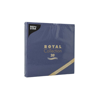 Os 20 guardanapos "ROYAL Collection" da PAPSTAR GmbH no tamanho 40x40 cm, 1/4-dobra, vêm em uma embalagem azul com escrita dourada e branca e uma faixa diagonal dourada - ideal para uma decoração de mesa estilosa.